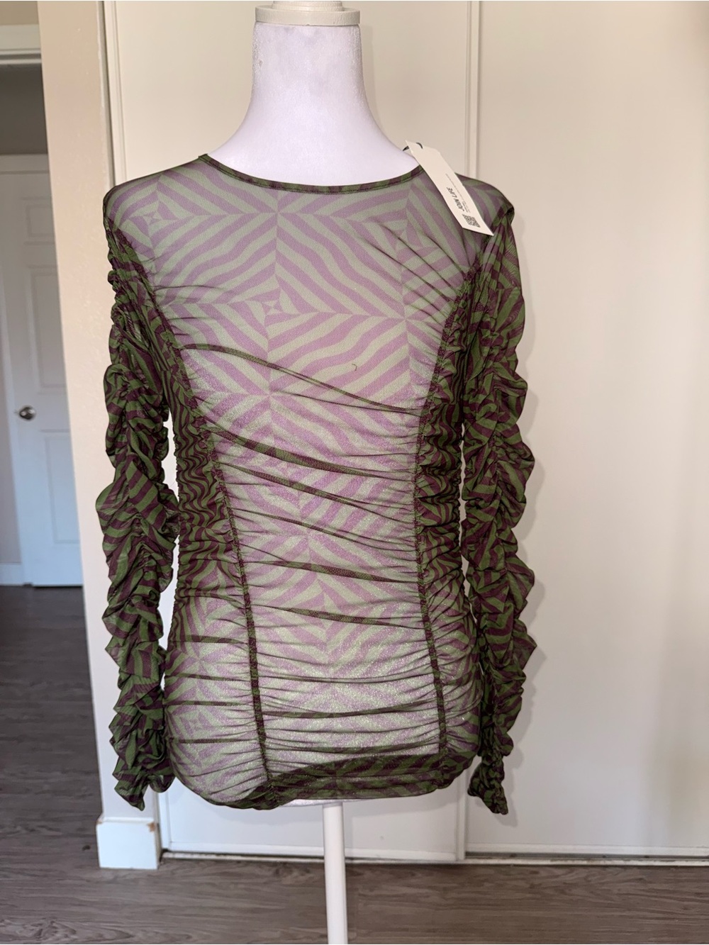 152. Ruched Long-Sleeve Mesh Top - Olive Green - Picture 2 of 4